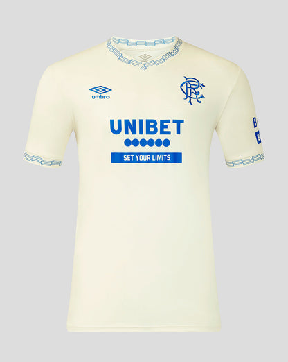 Light yellow sports jersey with blue and black text and branding on a light gray background