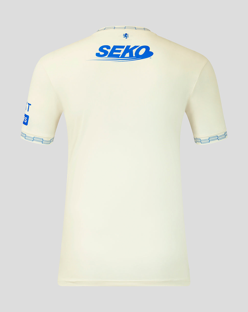 White t-shirt with blue and black text on a light gray background