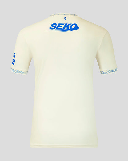 White t-shirt with blue and black text on a light gray background