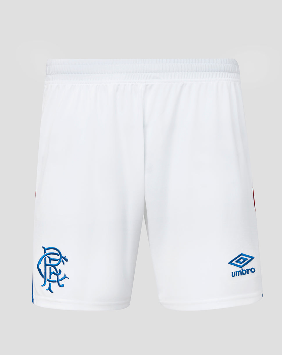 White shorts with a logo on a light gray background