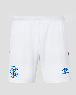 White shorts with a logo on a light gray background