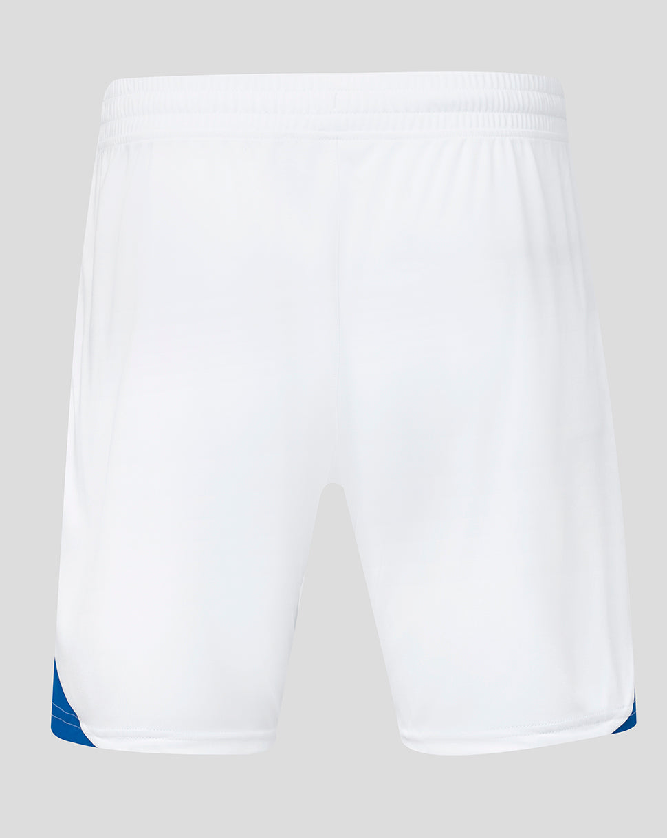 White shorts with blue accents on a light gray background