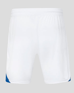 White shorts with blue accents on a light gray background