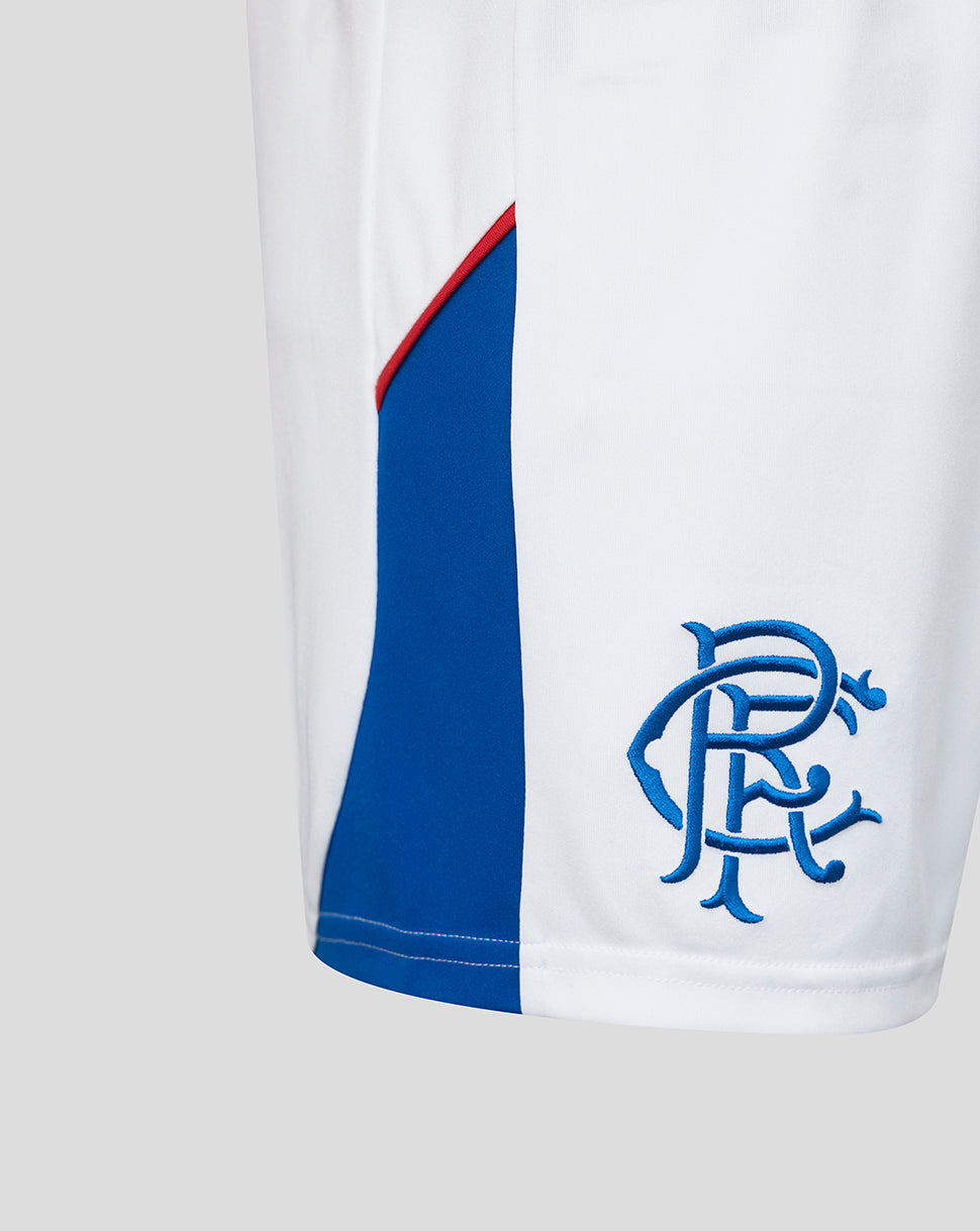 White sports shorts with blue and red accents and a logo on a white background