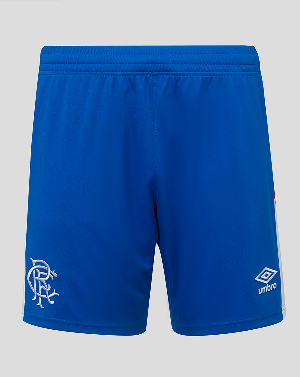 Blue shorts with a logo and brand name on a light gray background