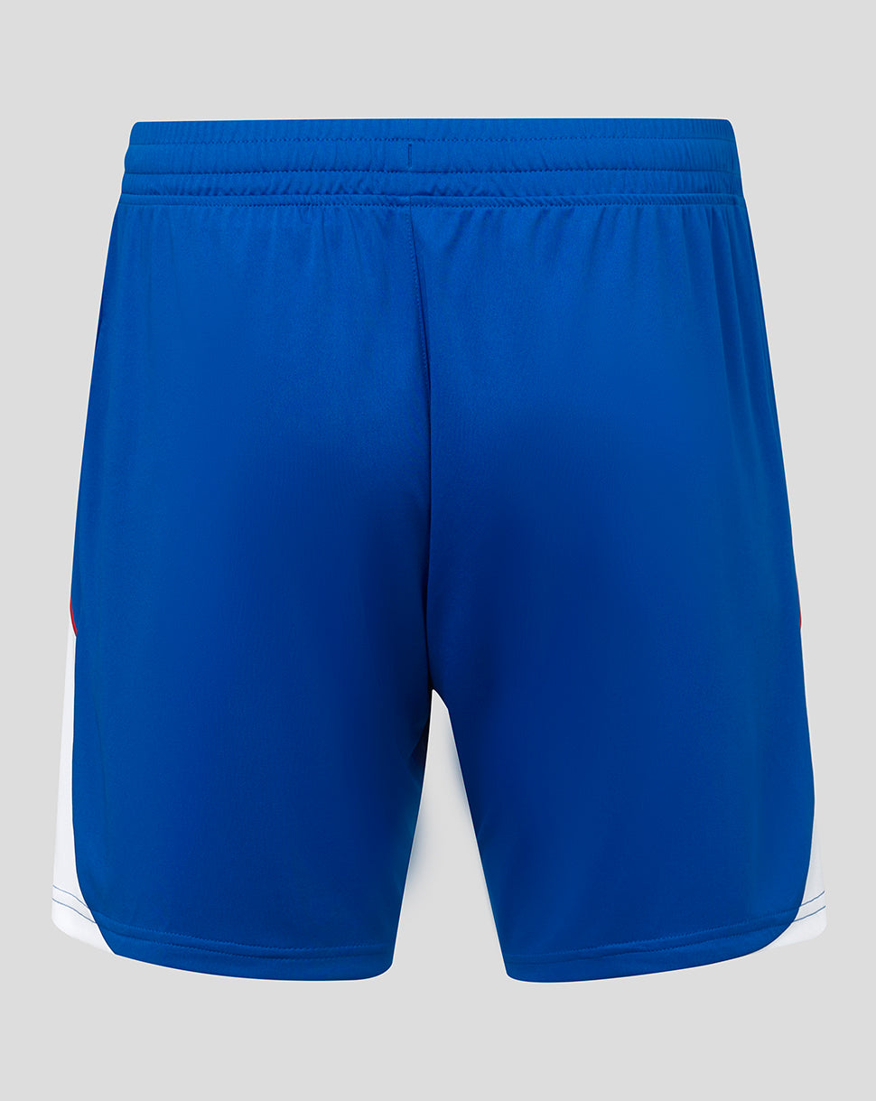 Blue athletic shorts on a light gray background
