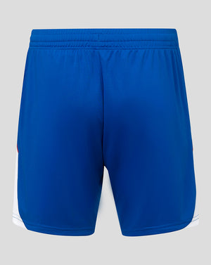 Blue athletic shorts on a light gray background