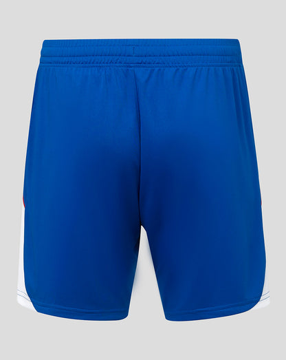Blue athletic shorts on a light gray background