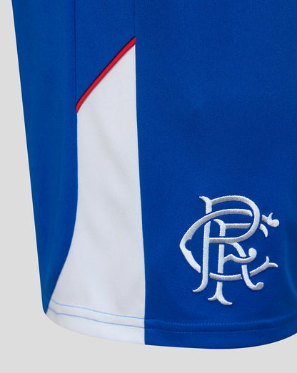 Blue and white sports shorts with a logo on a light gray background