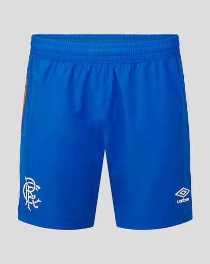 Blue shorts with a logo on a gray background