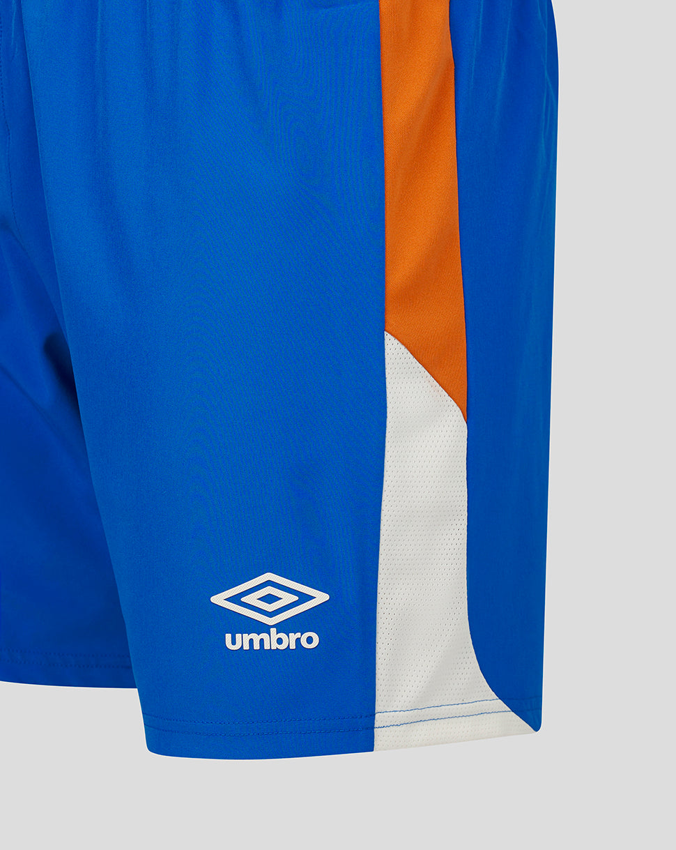 Blue sports shorts with orange and white accents featuring Umbro logo.
