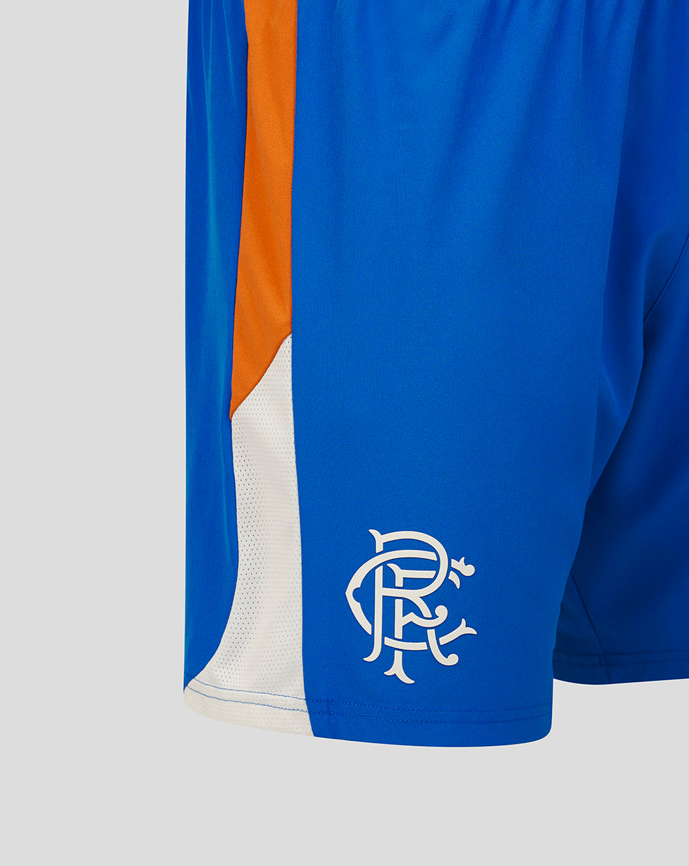 Blue sports jersey with orange and white accents and a logo on a gray background
