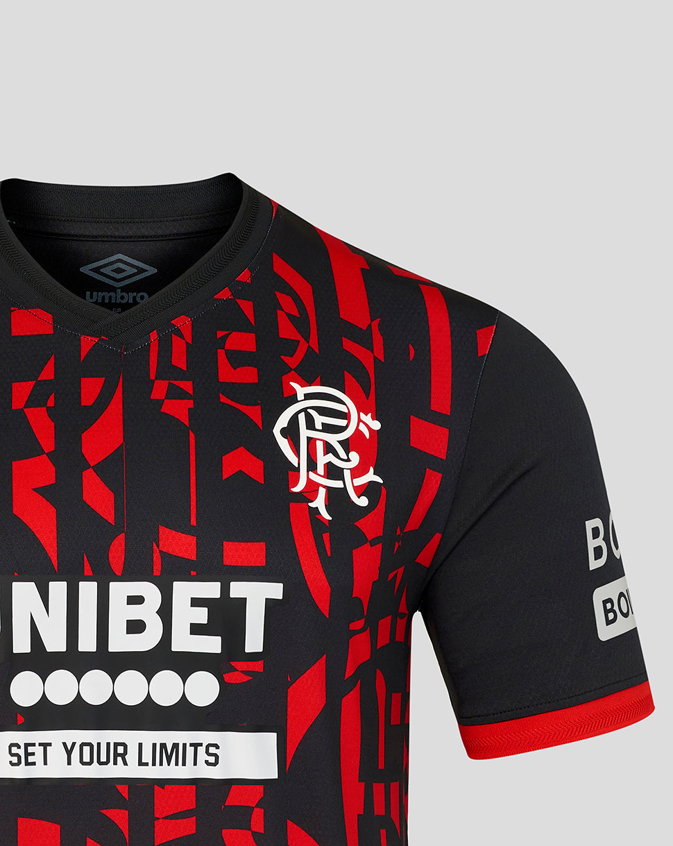 Rangers FC 2026/27 third Pro Shirt front close-up with red geometric pattern crest and UNIBET sponsor across the chest.