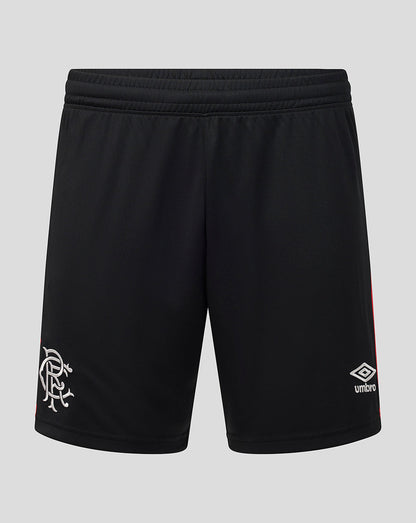 Black athletic shorts with an elastic waistband, featuring the white Rangers FC crest on the left leg and the white Umbro logo on the right leg, set against a solid gray background.
