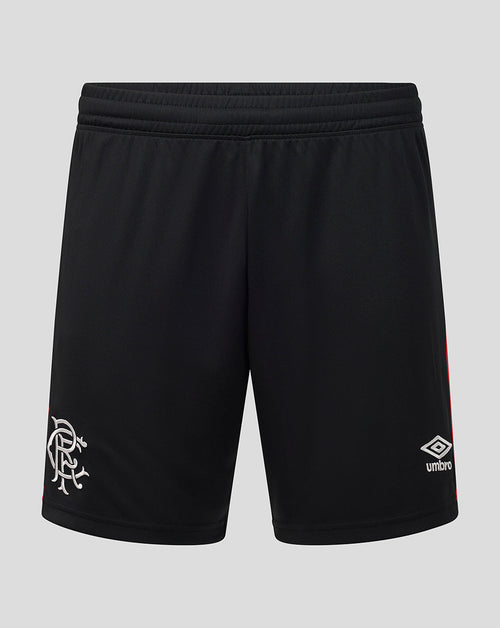 Black athletic shorts with an elastic waistband, featuring the white Rangers FC crest on the left leg and the white Umbro logo on the right leg, set against a solid gray background.