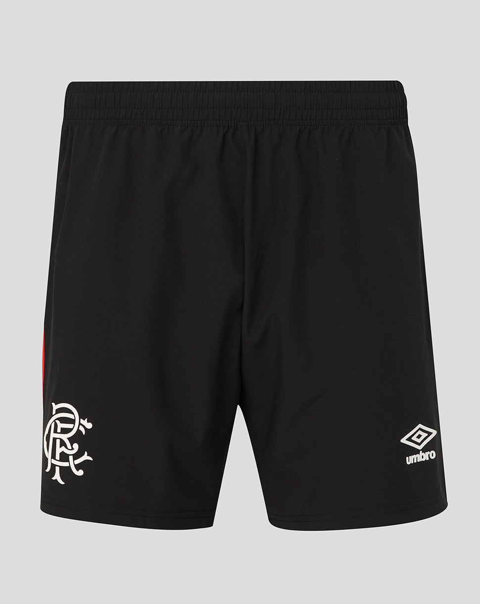 Black athletic shorts with a white Rangers crest on the left leg and a white Umbro logo on the right leg, shown against a light gray background.