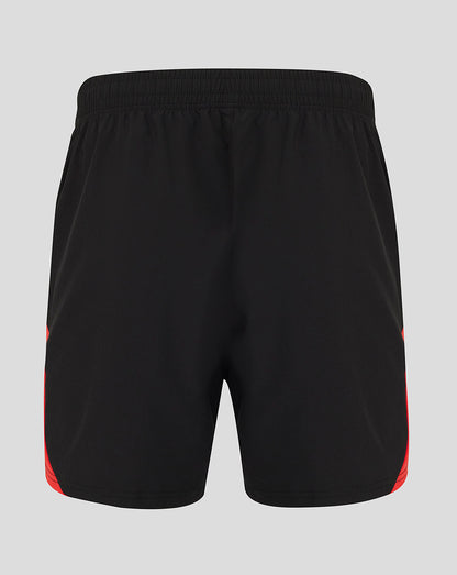Black athletic shorts with red side accents, shown from the back on a light gray background.