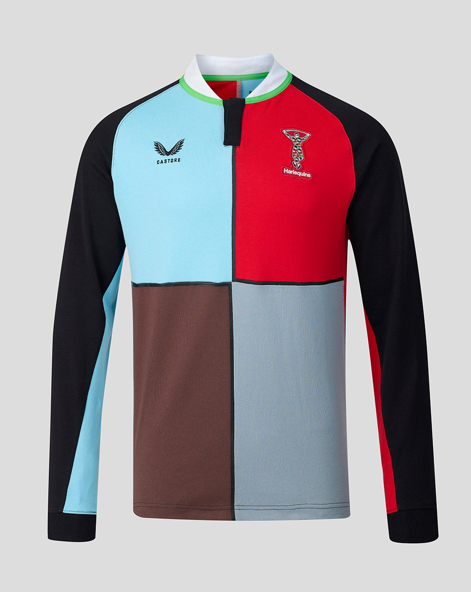 Harlequins 2026/27 Home Classic Long Sleeve Shirt front view with bold quartered color blocks and crest