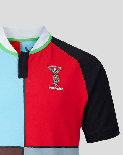 Colorful sports jersey with Harlequins logo on a gray background