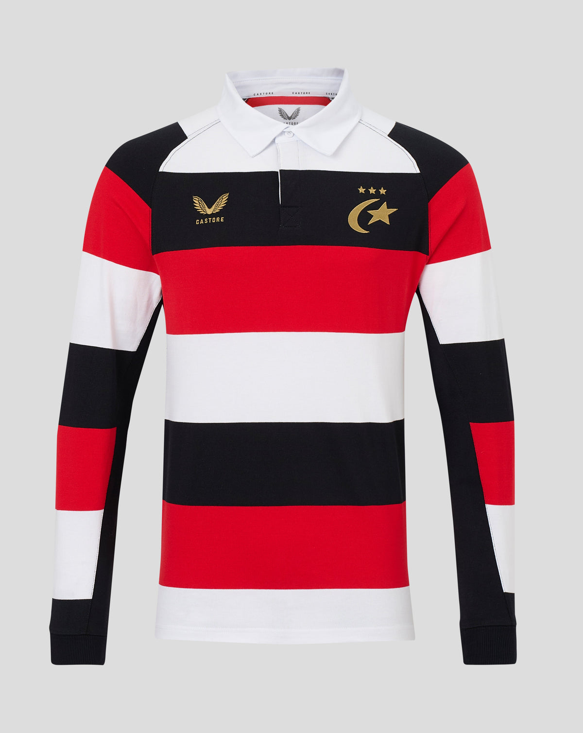 A long-sleeve rugby-style polo shirt with bold horizontal stripes in red, white, and black, featuring gold embroidered logos on the chest, set against a solid light gray background.
