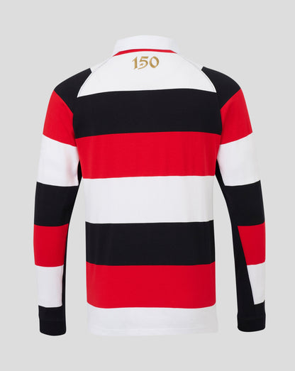 Back view of a long-sleeve rugby jersey with horizontal red, white, and black stripes, featuring a gold '150' print on the upper neck, set against a solid light gray background.