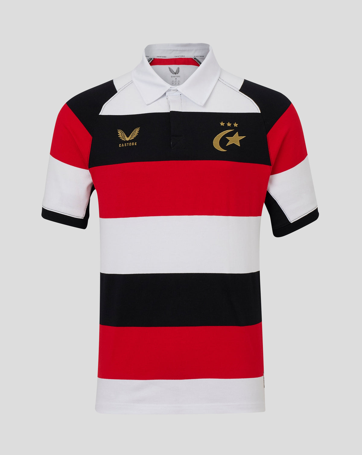 A short-sleeve rugby polo shirt with horizontal stripes of red, white, and black, featuring gold embroidered logos on the chest, displayed against a solid light gray background.