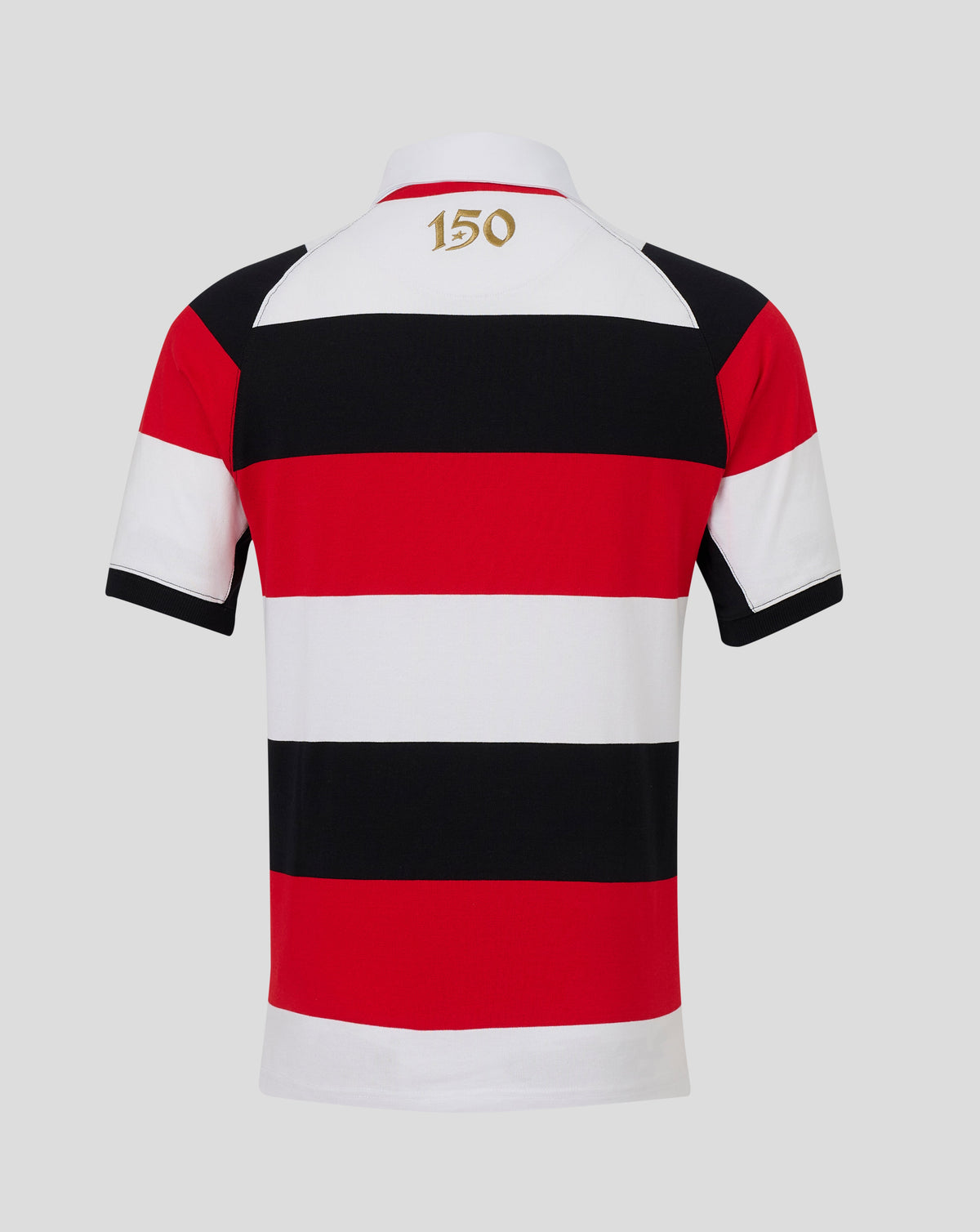 A short-sleeve polo shirt shown from the back, featuring bold horizontal stripes in red, black, and white, with a gold '150' printed on the upper white collar area. The shirt is displayed on a neutral light gray background.