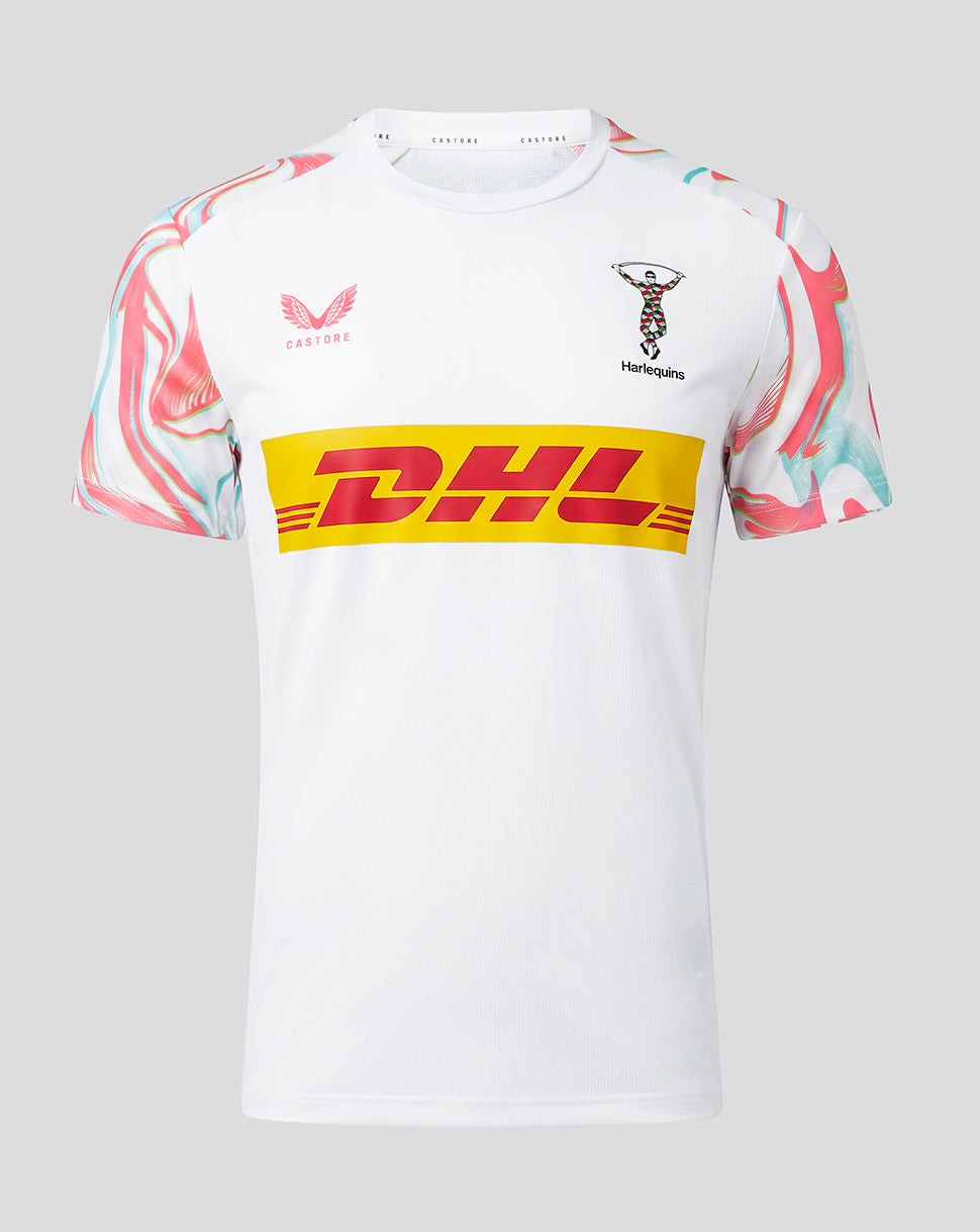 White Harlequins 2026/27 matchday short sleeve T shirt with crest on the chest and DHL sponsor logo.