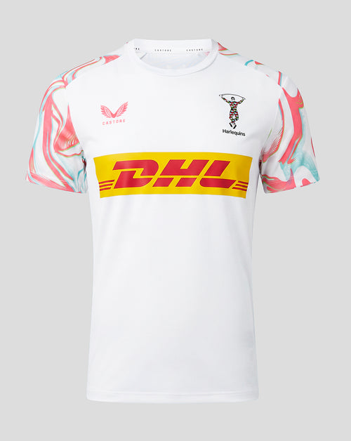 White Harlequins 2026/27 matchday short sleeve T shirt with crest on the chest and DHL sponsor logo.