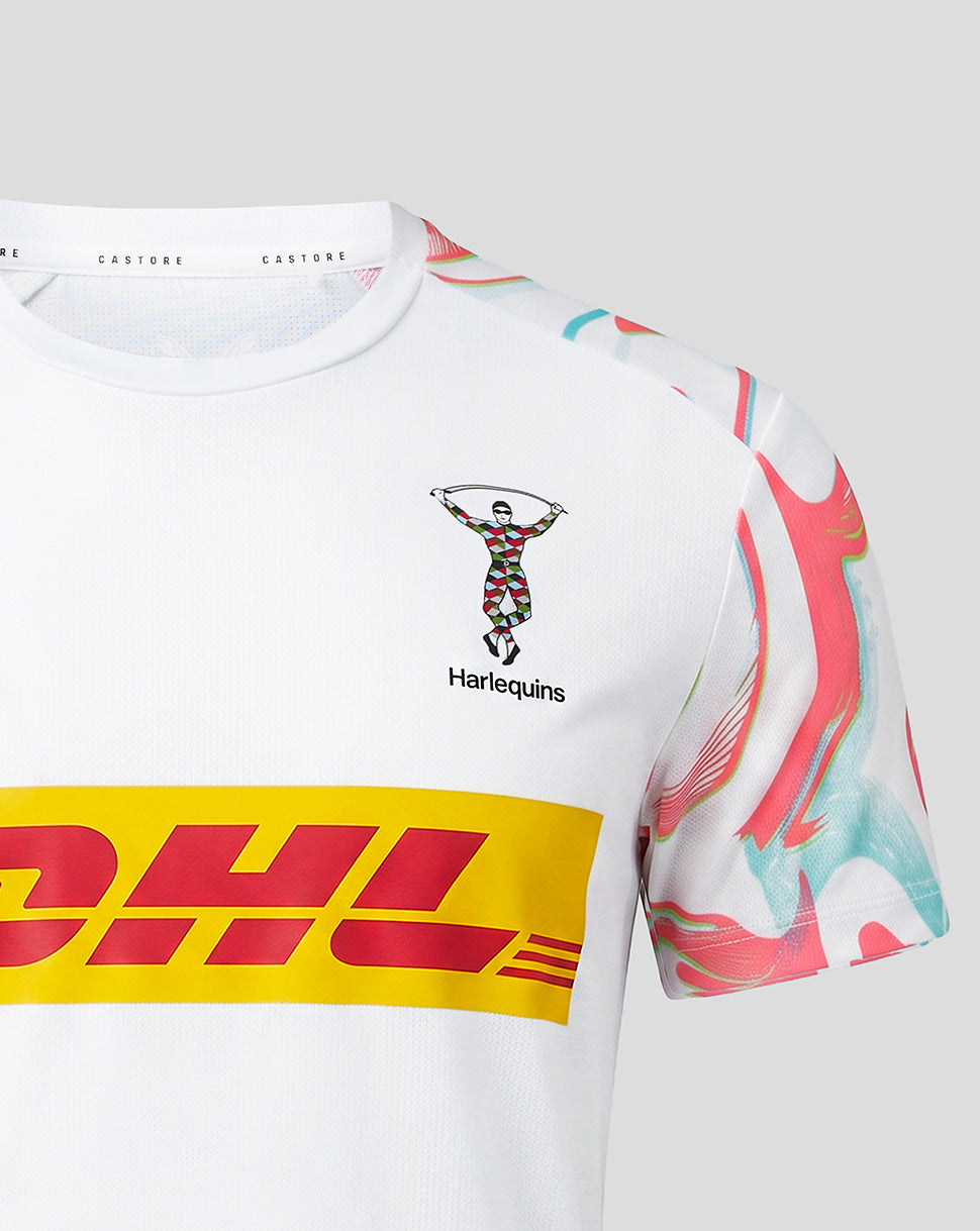 Harlequins 2026/27 matchday white short sleeve shirt with crest and bold DHL sponsor stripe and colorful shoulder graphics