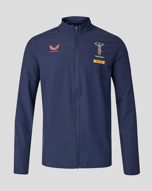 Navy Harlequins Men's 2026/27 Walkout Jacket front view with crest and DHL sponsor.