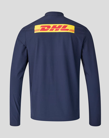 Back view of navy Harlequins 2026/27 Walkout Jacket with a large DHL logo across the upper back