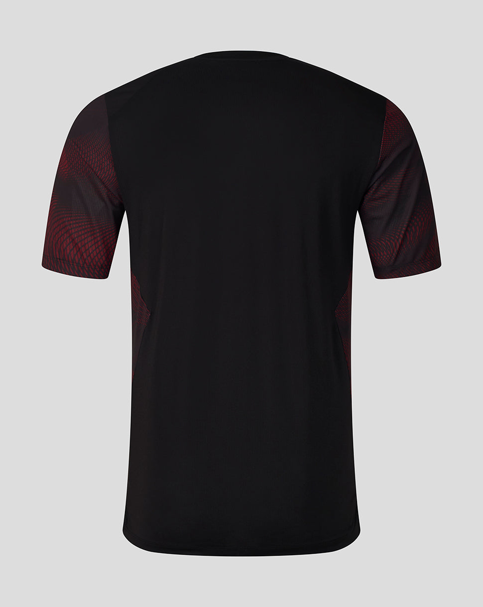 Black short-sleeve athletic t-shirt with red geometric patterned mesh panels on the sleeves, shown from the back on a light gray background.