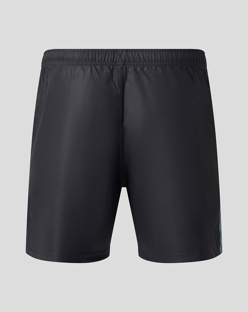 Black athletic shorts with an elastic waistband, shown from the back on a light gray background.