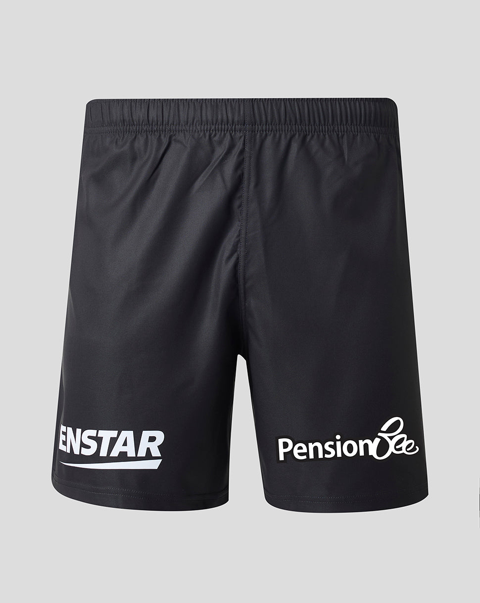 Black athletic shorts with white printed logos, featuring 'ENSTAR' on the left leg and 'Pension Bee' on the right leg, shown against a light gray background.