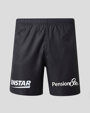 Black athletic shorts with white printed logos, featuring 'ENSTAR' on the left leg and 'Pension Bee' on the right leg, shown against a light gray background.