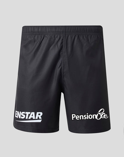 Black athletic shorts with white printed logos, featuring 'ENSTAR' on the left leg and 'Pension Bee' on the right leg, shown against a light gray background.