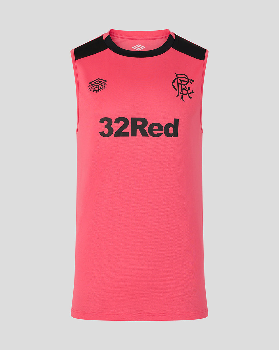 Pink sleeveless sports top with black accents and branding on a gray background