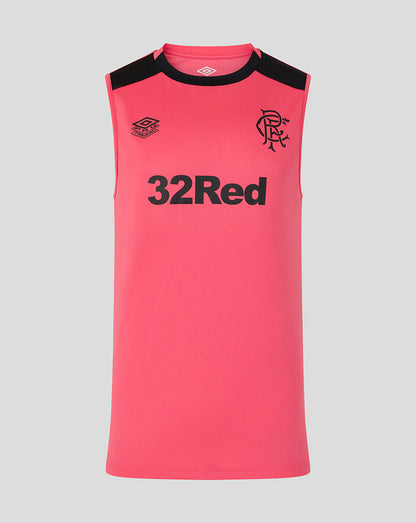 Pink sleeveless sports top with black accents and branding on a gray background
