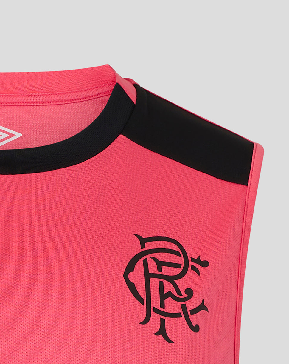 Pink sports jersey with black logo and trim on a light gray background