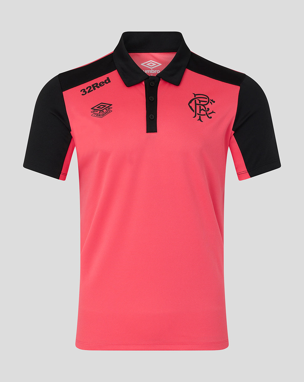 Pink and black polo shirt with visible branding on a gray background