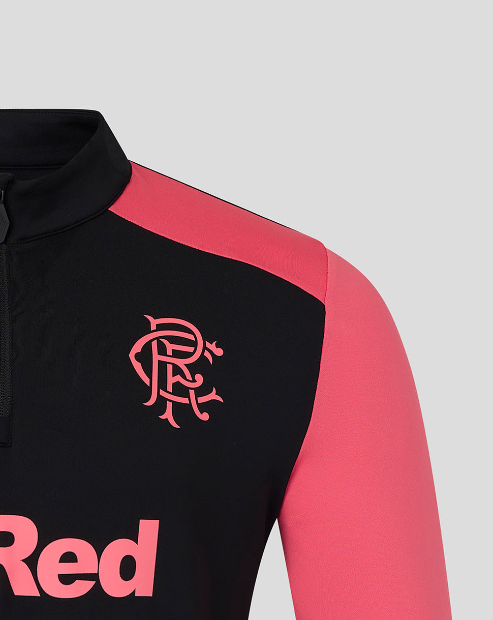 Black and pink sports jersey with a logo and text on a light gray background