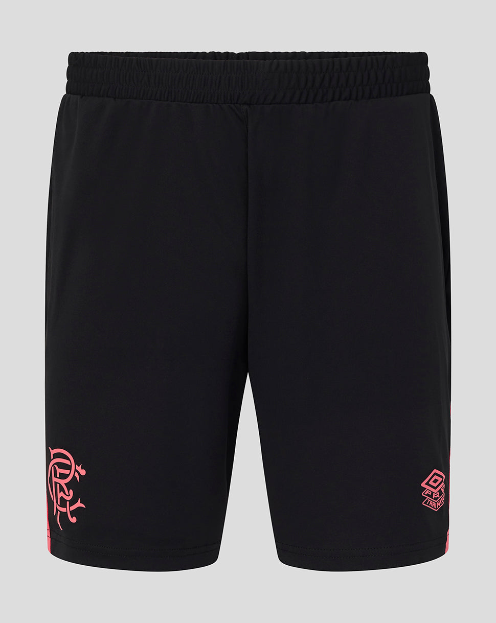 Black shorts with pink and white designs on a gray background