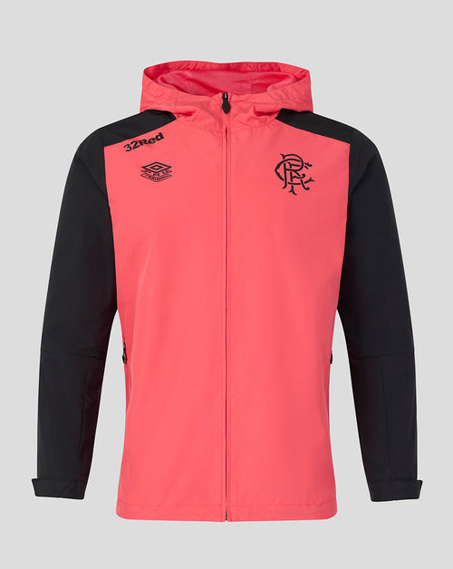 Pink and black jacket with a logo on a gray background