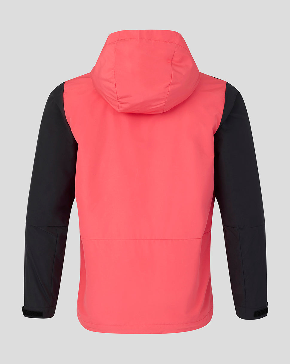 Back view of a pink and black jacket on a gray background