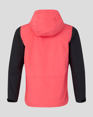 Back view of a pink and black jacket on a gray background