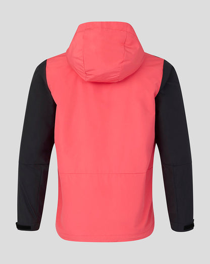 Back view of a pink and black jacket on a gray background