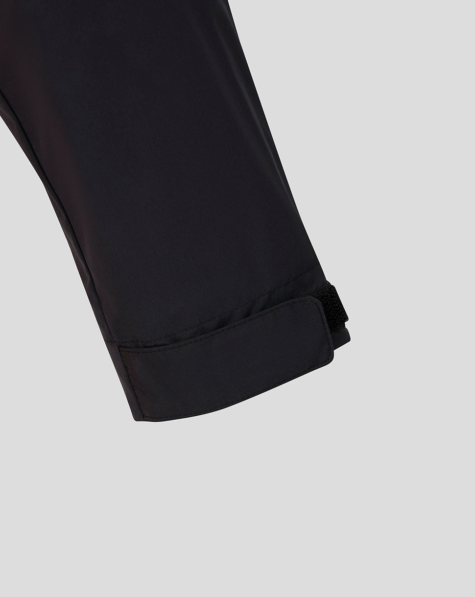 Close-up of black pants on a light gray background