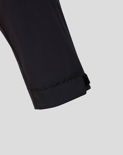 Close-up of black pants on a light gray background