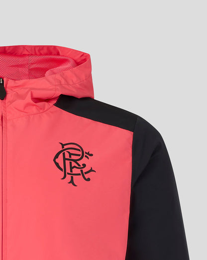 Red and black jacket with a logo on a light gray background